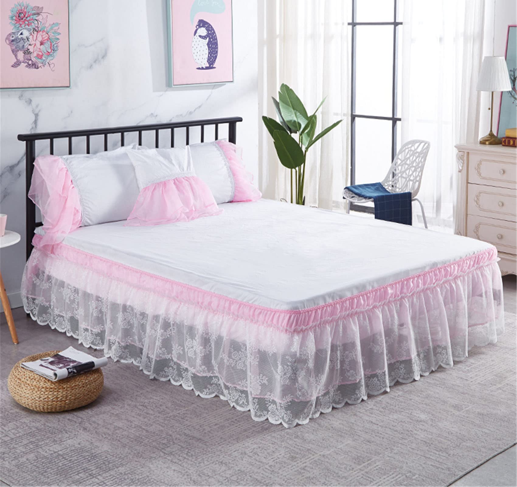 Surwin Pleated Bed Valance Sheet Single Double King Size Lace Embroidery Bed Base Wrap Extra Deep Frilled Fitted Valance Sheet Easy Care Bed Skirt Soft Breathable (Pink,200x200x40cm)