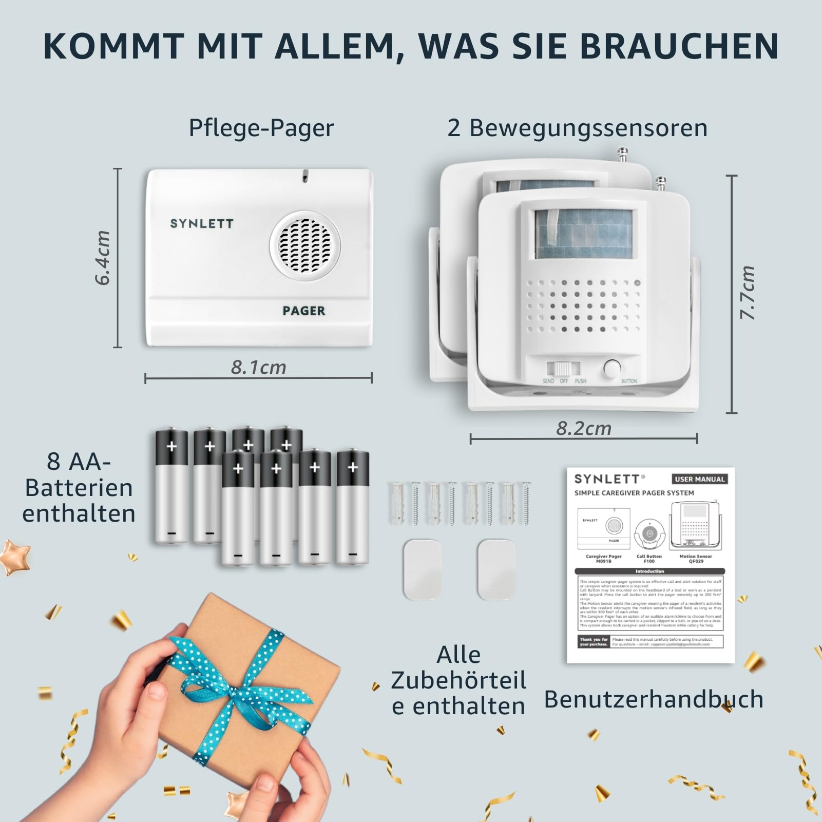 Pflege-Pager mit 2 Bewegungssensoren, kabelloser Bettalarm | Pflege-Rufsystem für Senioren, Patienten und Demenzbetreuung mit zuverlässiger Bewegungs- und Bettüberwachung