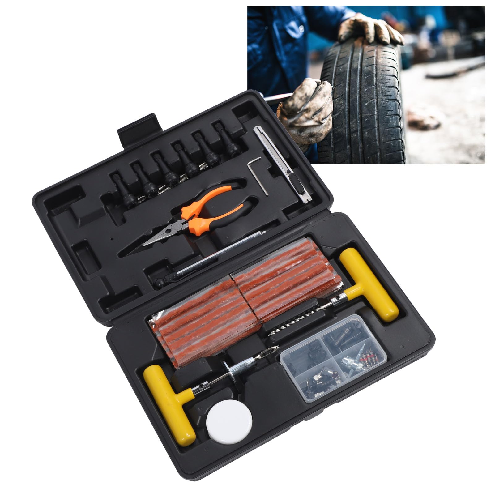 Eujgoov Reparación de Neumáticos -Kit Herramientas de Punción Neumáticos para Pinchazo Rápido Servicio Pesado para Remolques Móviles Residenciales del Tractor Camiones, Caja Almacenamiento Cómoda