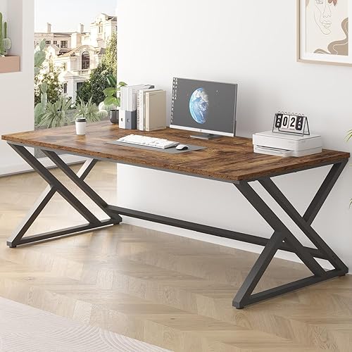 Miniatura 3 de LVB 78.7" Escritorio para computadora, escritorio industrial extra largo de madera para oficina en casa, escritorio grande rústico moderno de metal