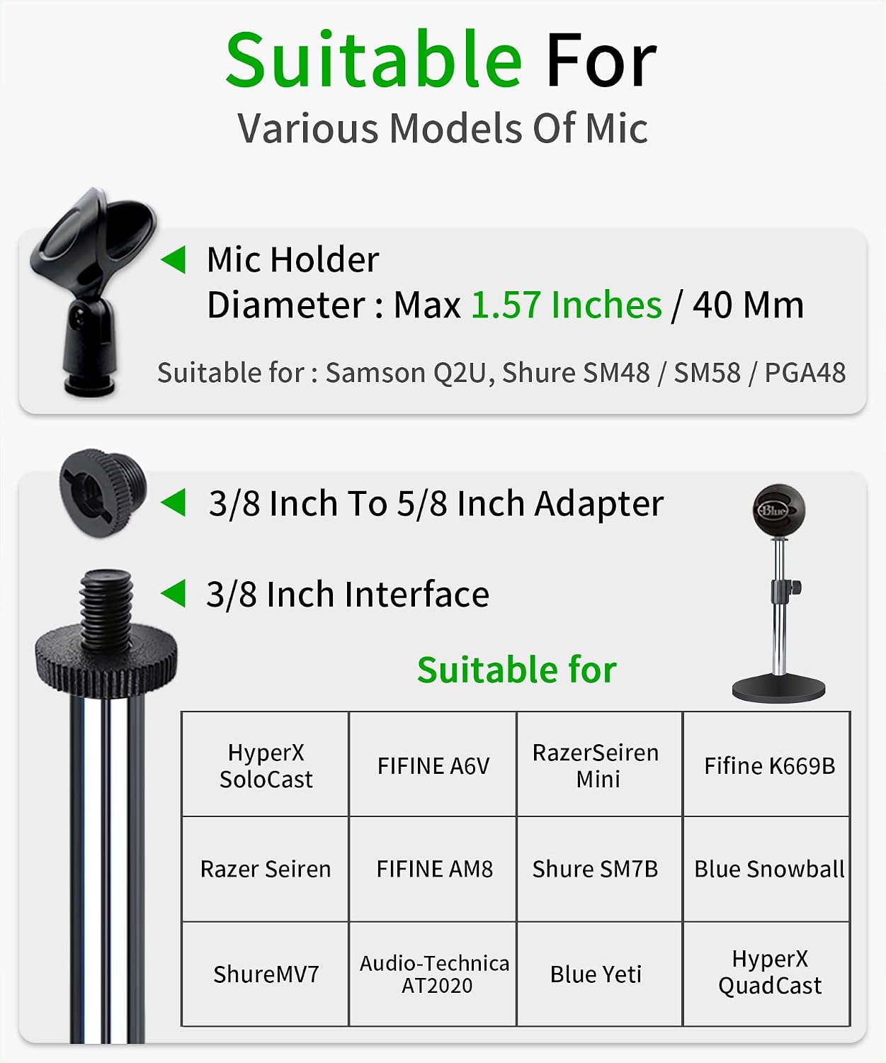 Mic stand desk, heavy metal base, adjustable height up to 16.5 inches, easily assembled, classical and sturdy (mirror)