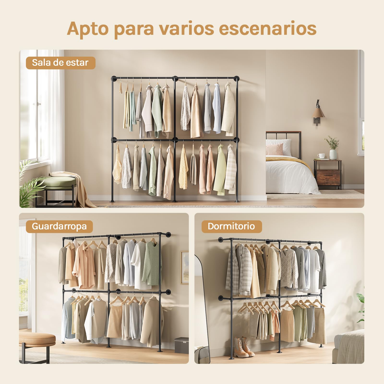 WOLTU Perchero de Pared Industrial, 4 Rieles para Colgar Ropa, Armario Abierto, Perchero Industrial de Tubos Metálicos, Barras Colgantes para Dormitorio y Vestidor, Negro, 193x36,5x187 cm