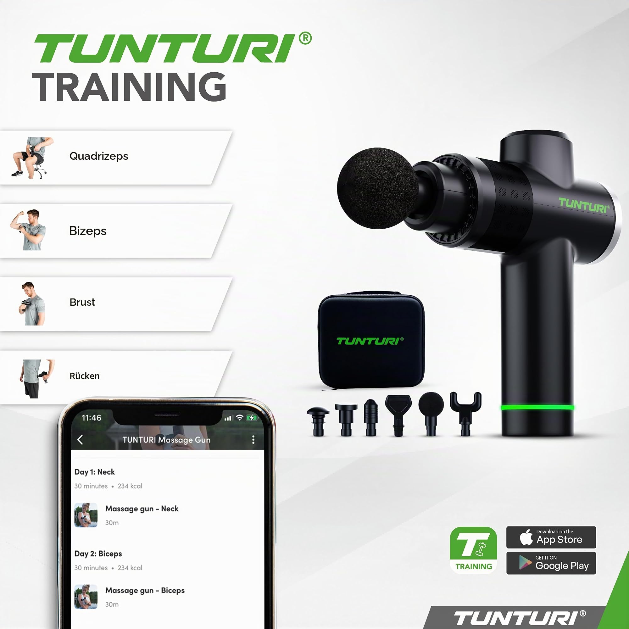 Tunturi MG40 Massagepistole – Massagegerät mit Multi-Griff – Inklusive 6 Aufsätze und Koffer – Extra kraftvoll und leise – Inkl. App