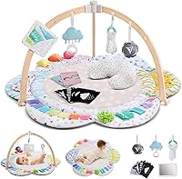 RAMOGIG Baby Play Gym Activity Mat 41x41" Tummy Time Mat 6 Sensory Developmental Zones Wooden Arch Newborn Toddler Toys