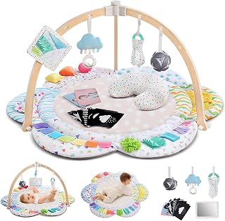 RAMOGIG Baby Play Gym Activity Mat 41x41" Tummy Time Mat 6 Sensory Developmental Zones Wooden Arch Newborn Toddler Toys