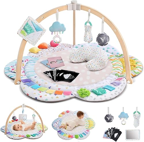 Alfombrilla de gimnasio y actividades para bebés, 6 zonas de desarrollo mejoradas, alfombrilla para el tiempo boca abajo con juguetes sensoriales