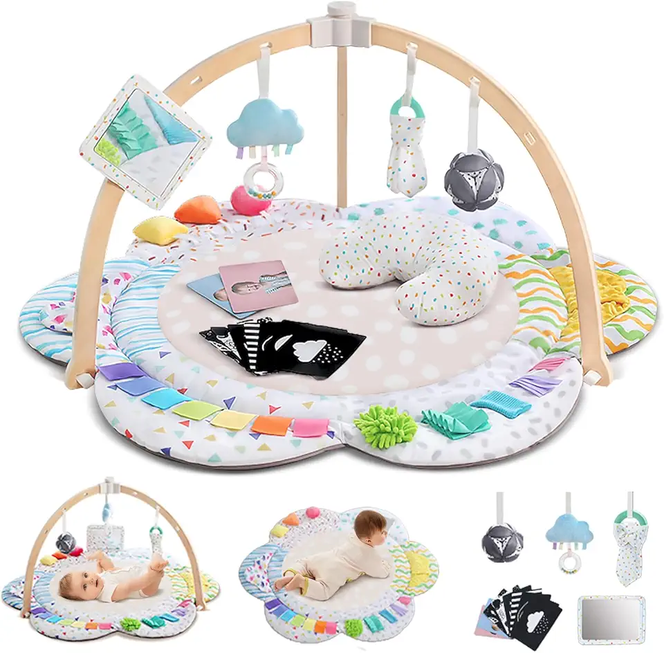 Baby Play Gym &amp; Activitiy Mat, Upgraded 6 Developmental Zones, Tummy Time Mat with Sensory Toys for Motor Skill &amp; Sensory Development, Essentials Shower for Baby