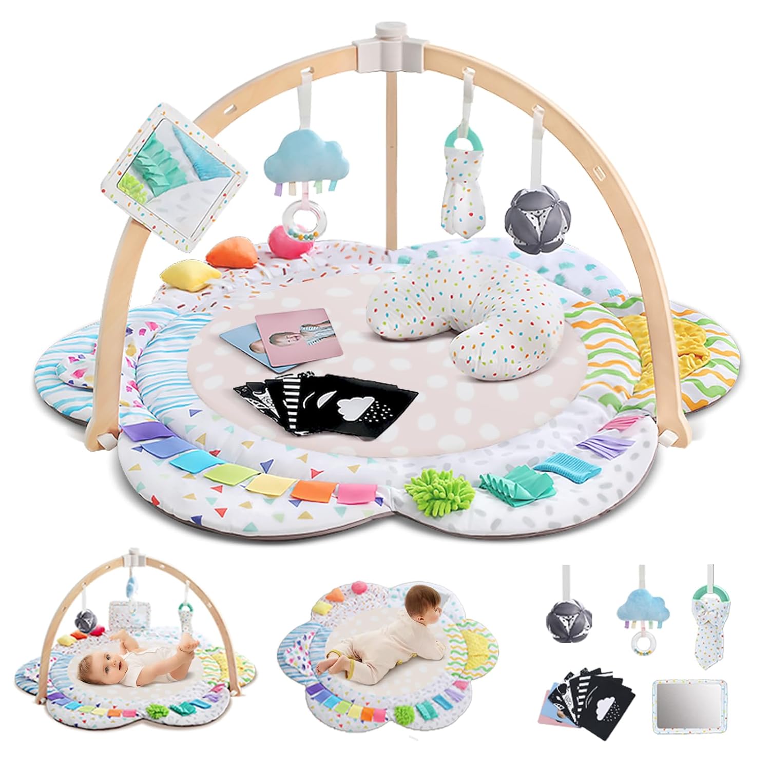 Baby Play Gym Activitiy Mat Upgraded 6 Developmental Zones Tummy Time Mat with Sensory Toys for Motor Skill