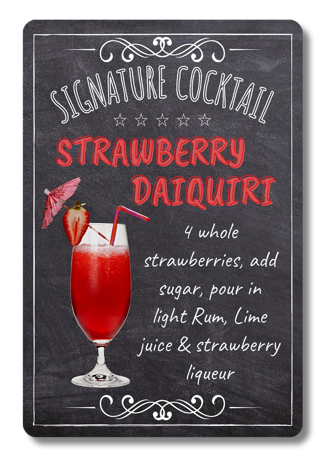 BAR SIGNS Classic Signature Cocktail Recipes Posters, Chalkboard Wall Art 20cm X 30cm for Home Decor, Pub, Tiki Bar, Kitchen, Restaurant (Strawberry Daiquiri)