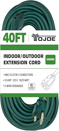 YOJOE Cable de extensión verde de 40 pies para exteriores, 163, SJTW, impermeable, con enchufe de conexión a tierra de 3 puntas, cable de extensión