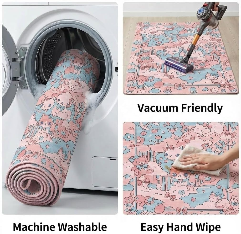 5X7 Area Rugs for Living Room, Machine Washable Non Slip Cartoon Rugs, Low Pile Lightweight Cute Cat Bow Floral Pink Rug for Kids Room,Bedroom, Dining Room