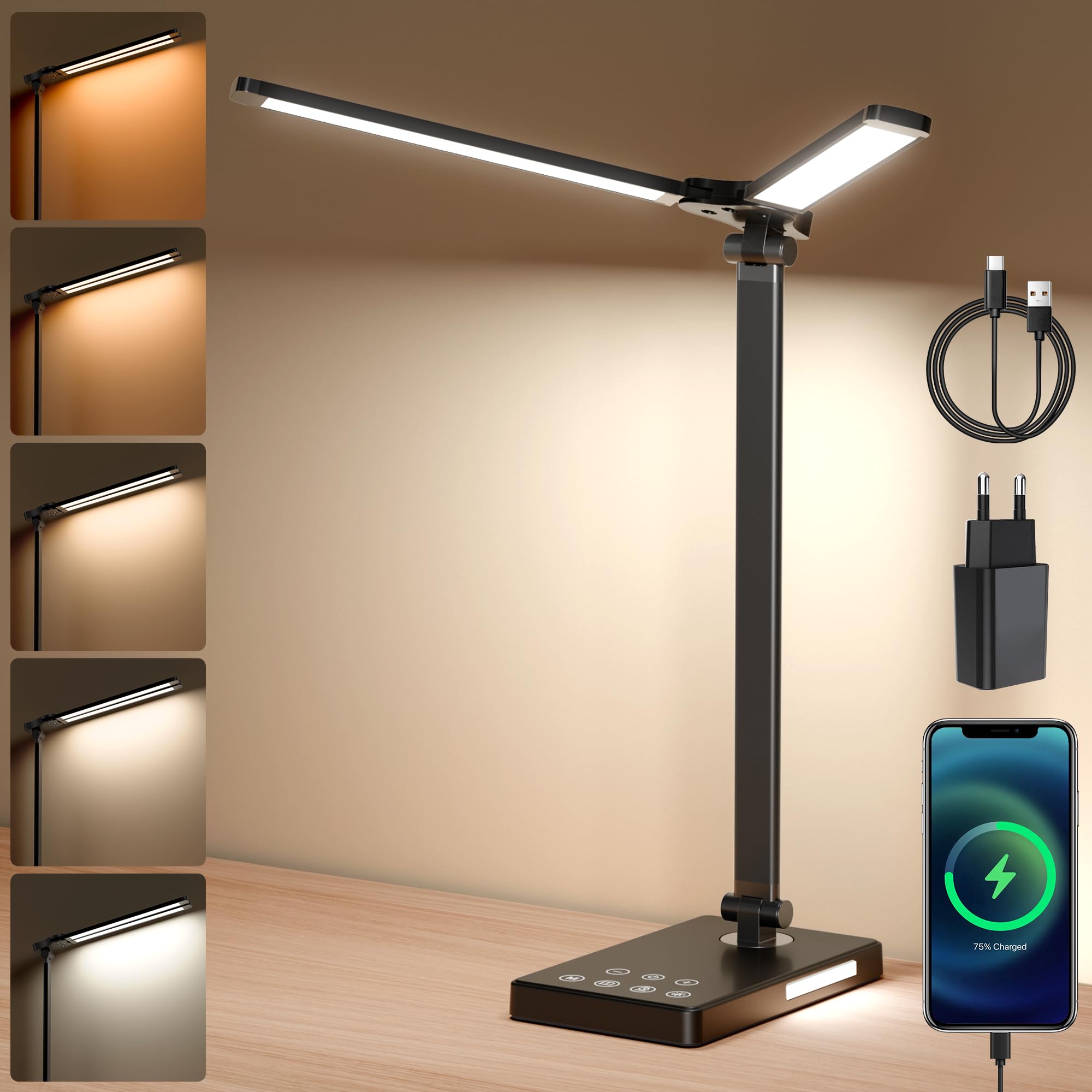 BAOZILY Lampada da Scrivania LED Lampada da Tavolo Dimmerabile per Protezione Degli Occhi, con Timer da 45 minuti, 5 Colori e 5 Livelli di Luminosità per Ufficio, Cameretta