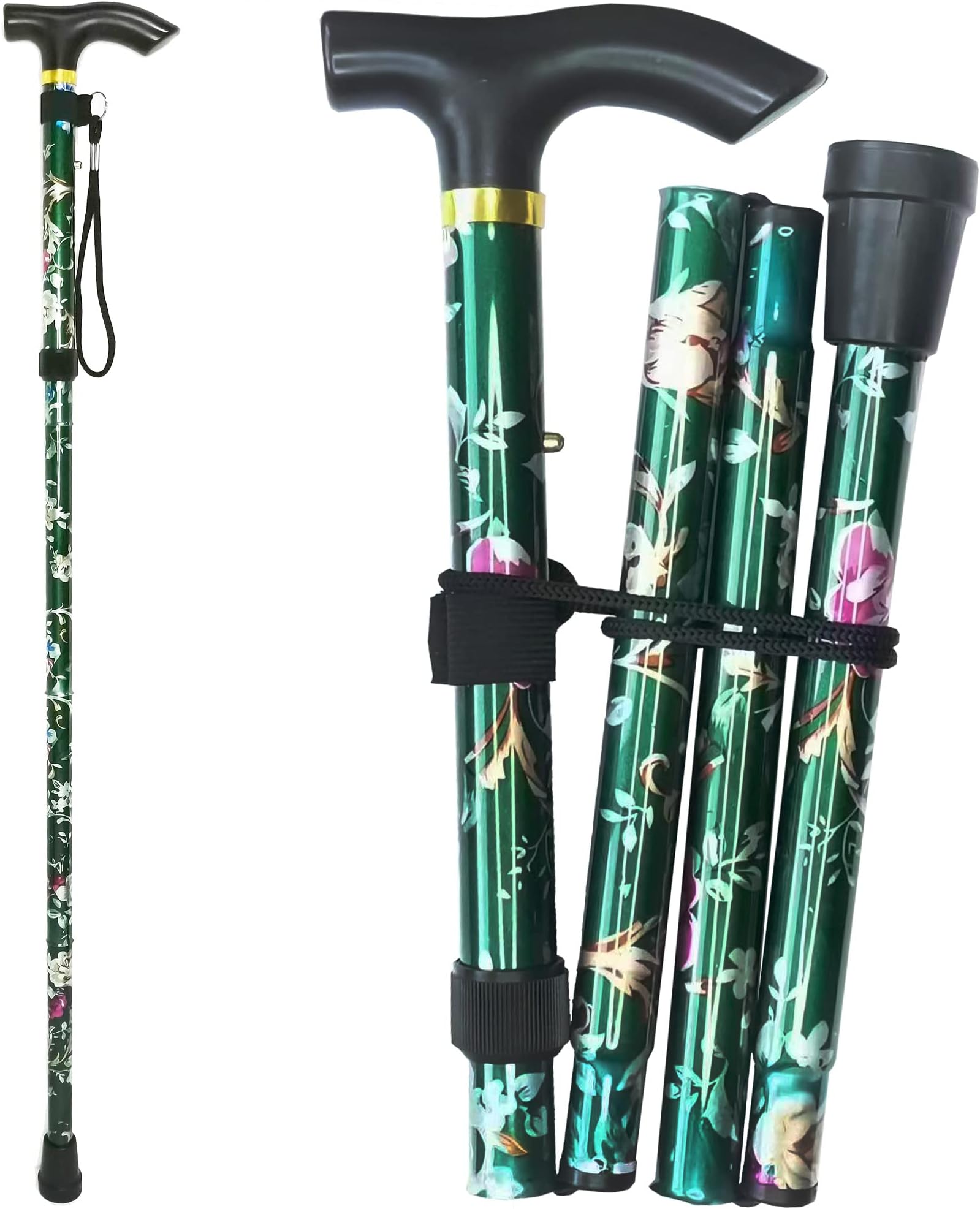 Folding Cane, 5-Level Adjustable Height Lightweight Portable Foldable Walking Canes with Wrist Strap and T Handle for Men Women Seniors