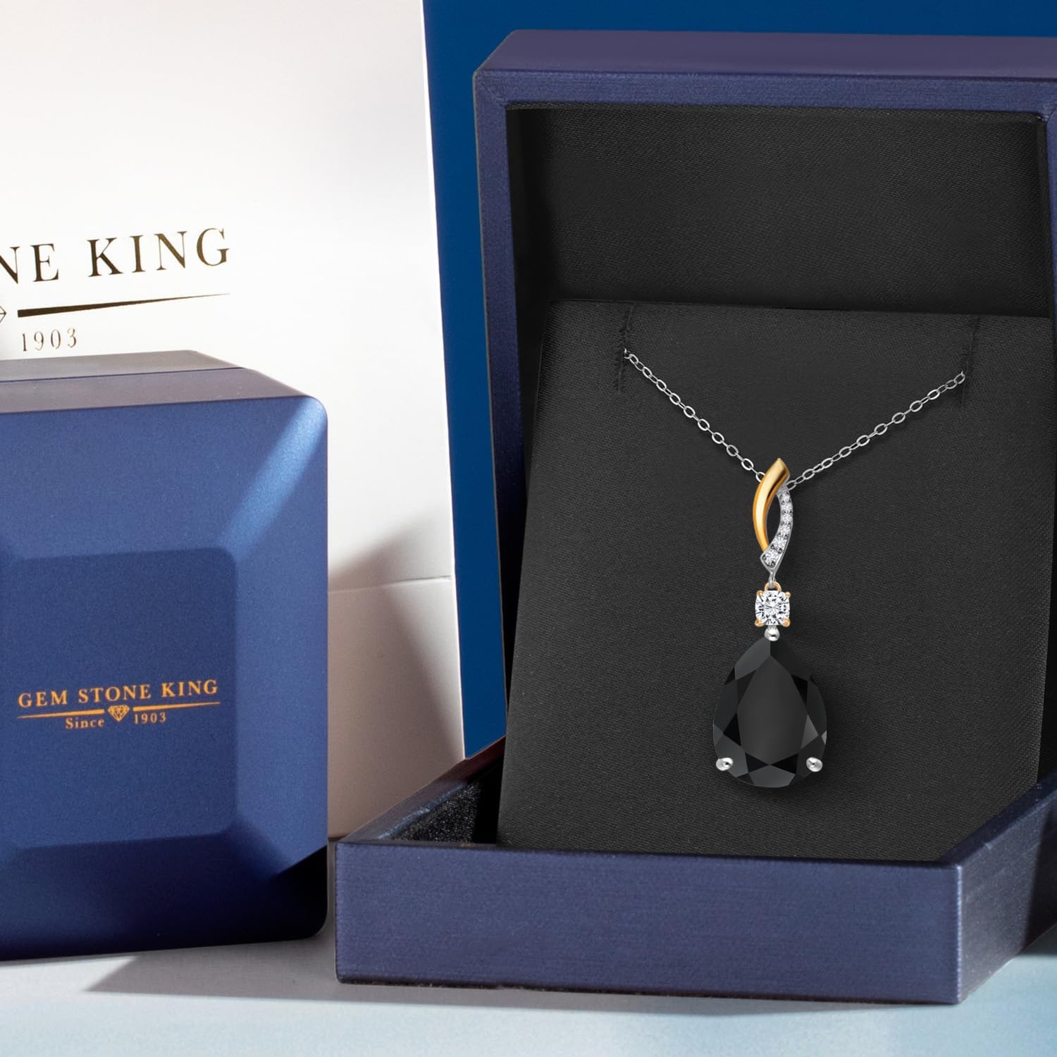 Gem Stone King 20.49 Cttw Black Onyx White Moissanite and Lab Grown Diamond Pendant Necklace for Women | 925 Silver and 10K Yellow Gold | Gemstone Birthstone | Pear Shape 18X13MM | 18 Inch Chain