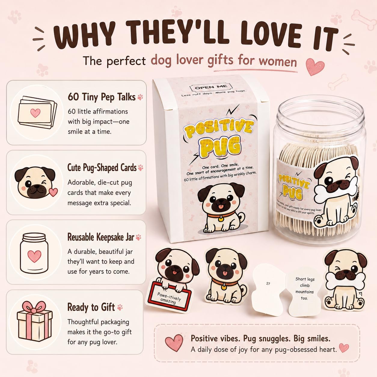 Dog Mom Gifts for Women, Positive Pug Jar with 60 Encouragement Cards image 2