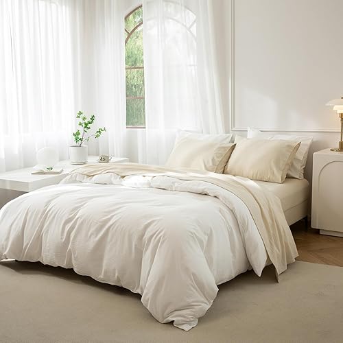 Miniatura 2 de JIYUAN Juego de sábanas de 100% algodón lavado, 4 piezas, 1 sábana bajera, 1 sábana encimera y 2 fundas de almohada, cómodo y transpirable, similar