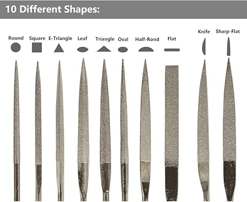 Miniatura 4 de YAKAMOZ Juego de 10 limas de metal con mini diamante  aguja micro redonda, limas planas triangulares cuadradas para joyas, madera, piedra, vidrio