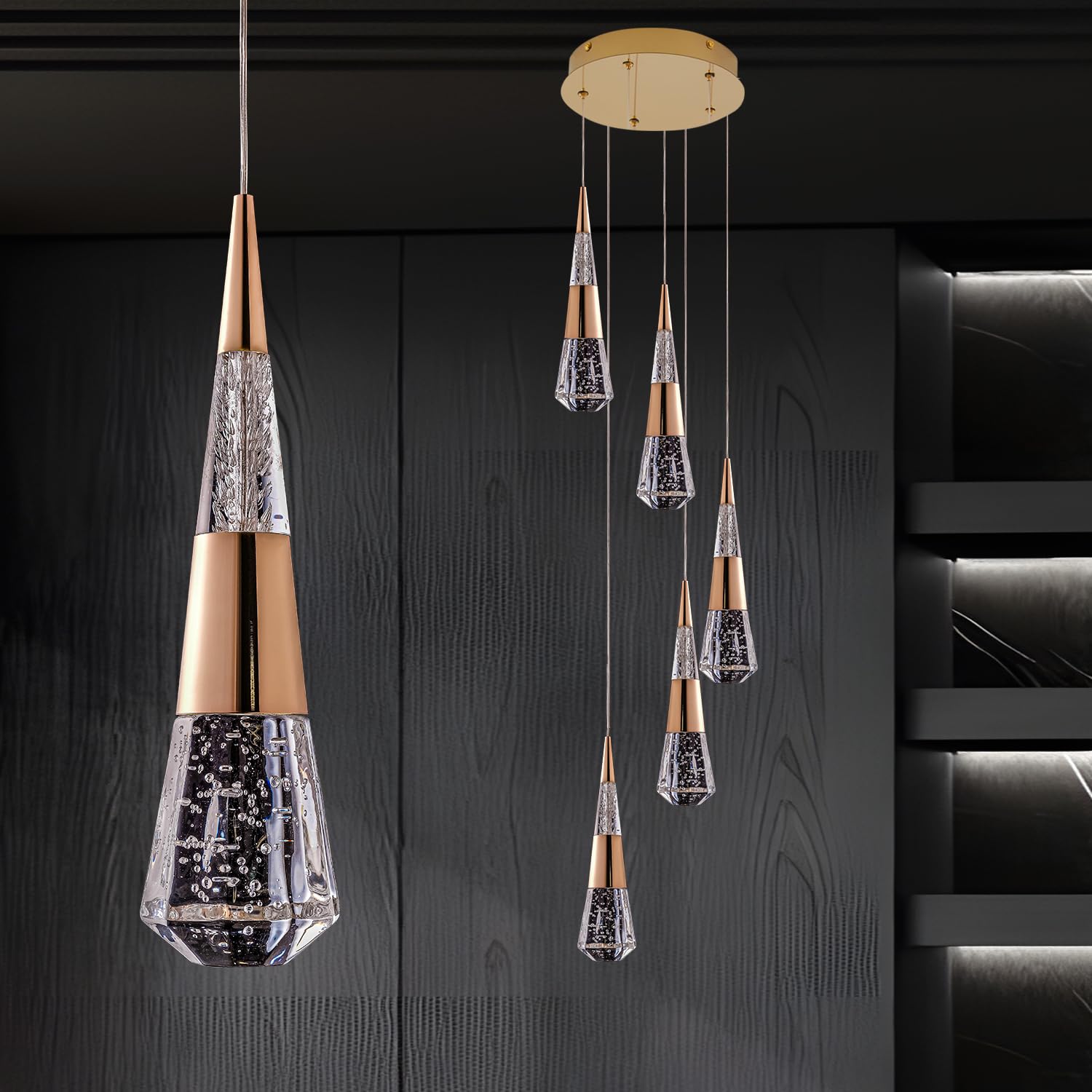 SHIANDAR Modern Pendant Light Fixtures, 5-Light Kitchen Ceiling Pendant Lights Kitchen Island, Dimmable Gold Kitchen Island Light Ceiling Hanging Dimmable Modern Dining Room Light Fixture with Remote