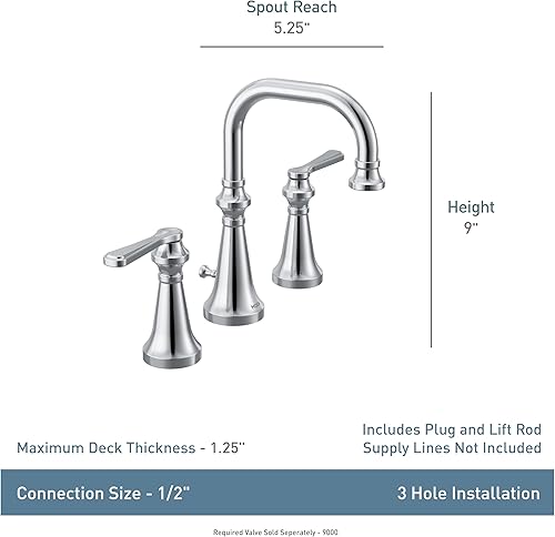 Miniatura 6 de Moen TS44102BL Colinet - Grifo de baño tradicional de arco alto de dos manijas con manijas de palanca, requiere válvula, negro mate