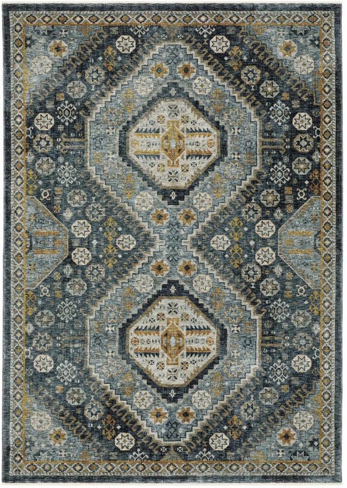 HomeRoots 508089 3 x 5 ft. Blue Gold Ivory & Navy Oriental Power Loom Stain Resistant Rectangle Area Rug with Fringe