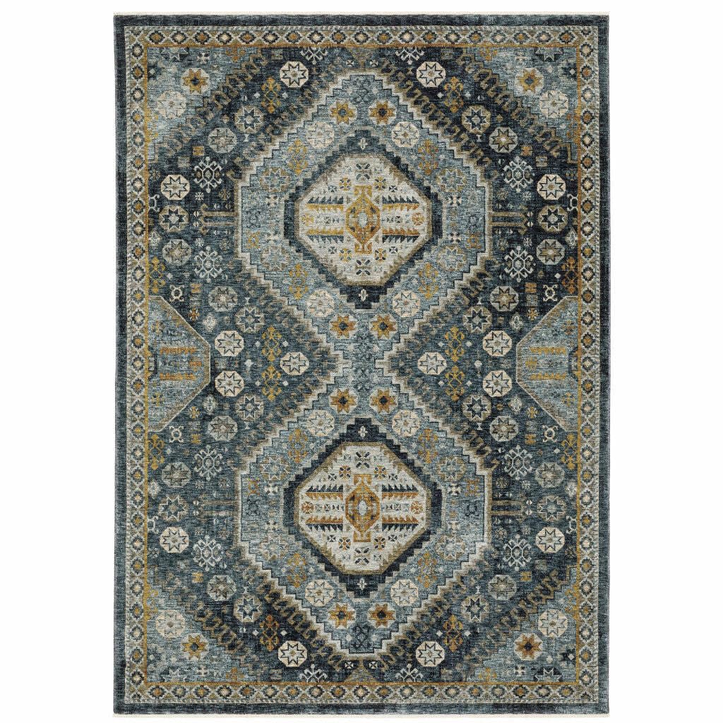 HomeRoots 508093 10 x 13 ft. Blue Gold Ivory & Navy Oriental Power Loom Stain Resistant Rectangle Area Rug with Fringe