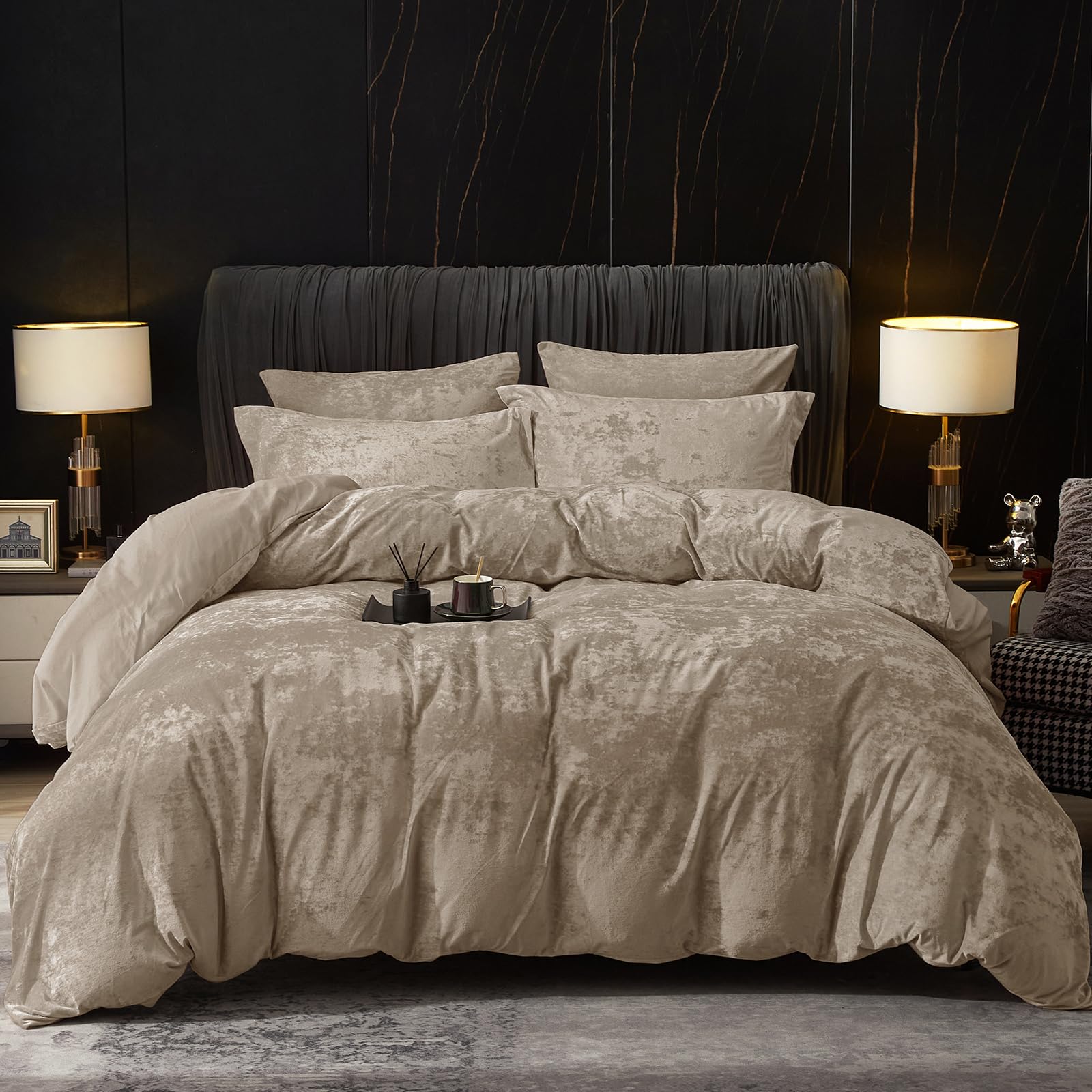 PHF Truly Velvet Duvet Cover Set Queen Size, 3pcs Ultra Soft Breathable Comforter Cover Set, Luxury Cozy Flannel Duvet Cover with Pillow Shams Bedding Collection, 90" x 90", Oxford Tan