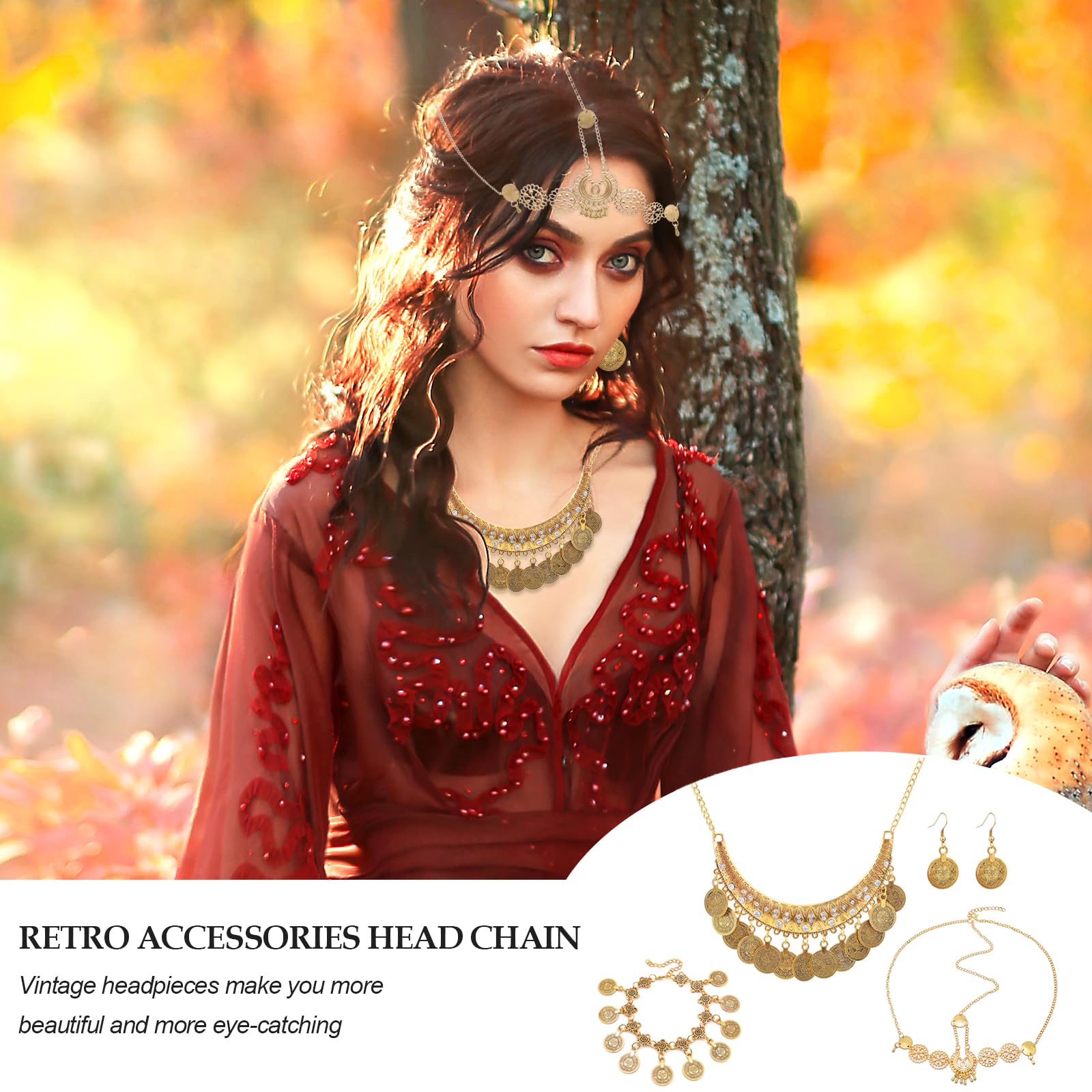 4Pcs Parure Bijoux Femme Danse du Ventre Tenue Indienne Bollywood Collier Piece de Monnaie Doré Bracelet Indien Chaîne de Tête Boucles D'oreilles Costume Danse Orientale Femme Fête à Thème Carnaval