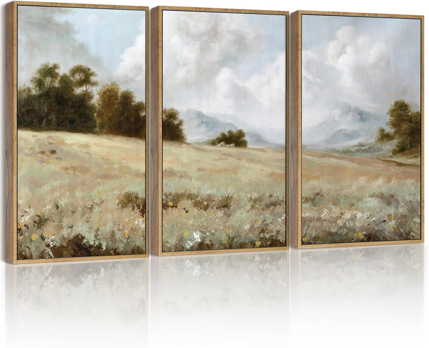 SHENIFY Vintage Landscape Framed Wall Art Grassland Classic Wall Prints Farmhouse Bathroom Office Decor - 16x24in3pcs Natural Framed