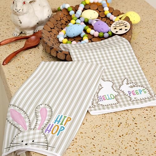 Miniatura 7 de ARKENY Juego de 2 toallas de cocina de Pascua, color beige de conejito Hello Peeps, paños de cocina de secado de 18 x 26 pulgadas, decoración de