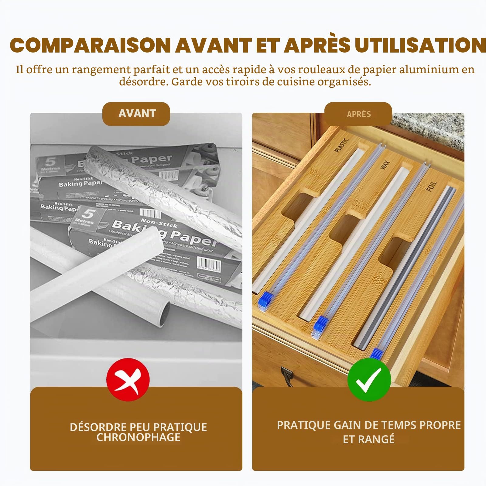 Distributeur Film Alimentaire, Distributeur Papier Aluminium en 100% Bambou – Distributeur D'Organisateur d'emballage en Papier Parchemin en Aluminium pour Tiroir De Cuisine (3 en 1)