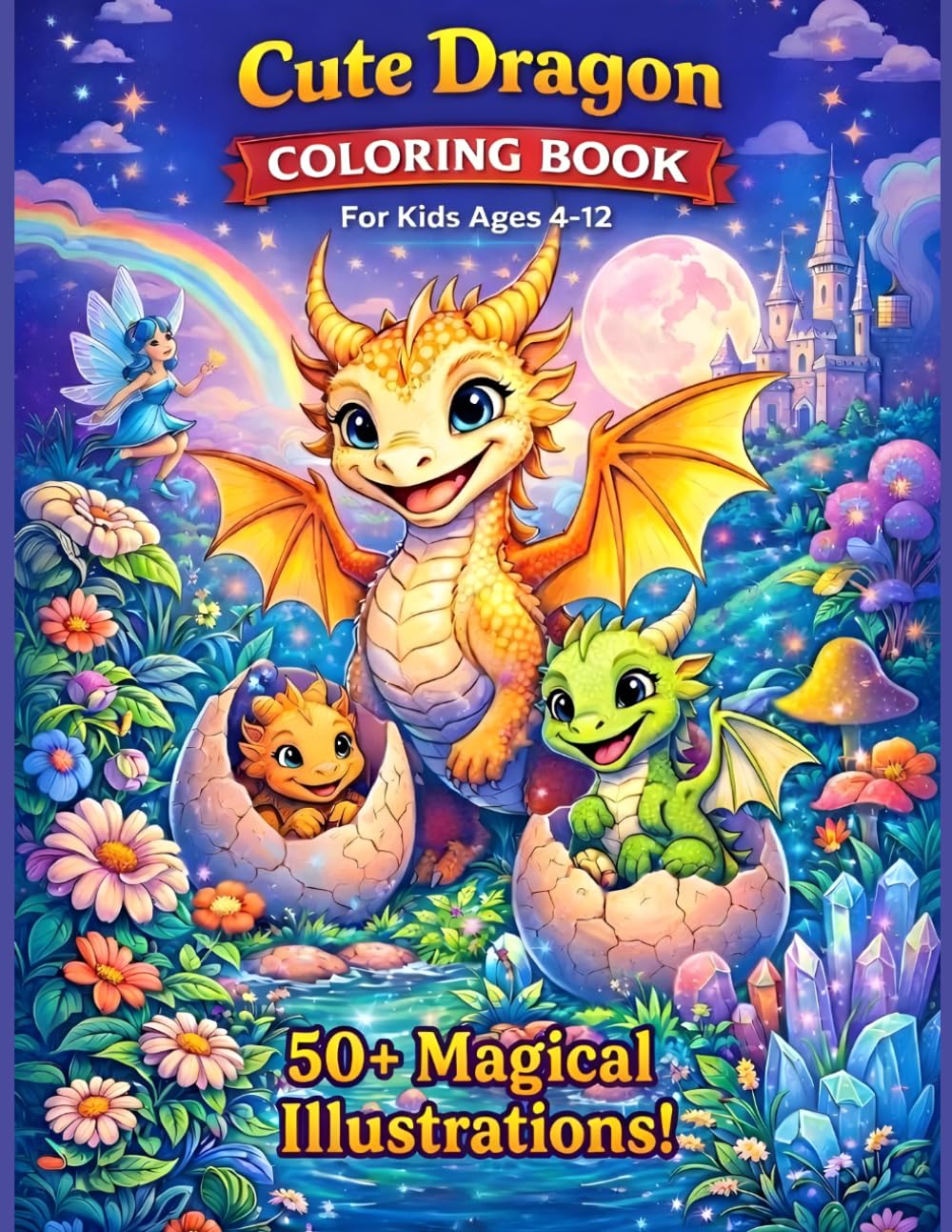 Cute Dragon Coloring Book: Cute fantasy dragon coloring book with 50 magical illustrations For Kids Ages 4-12
