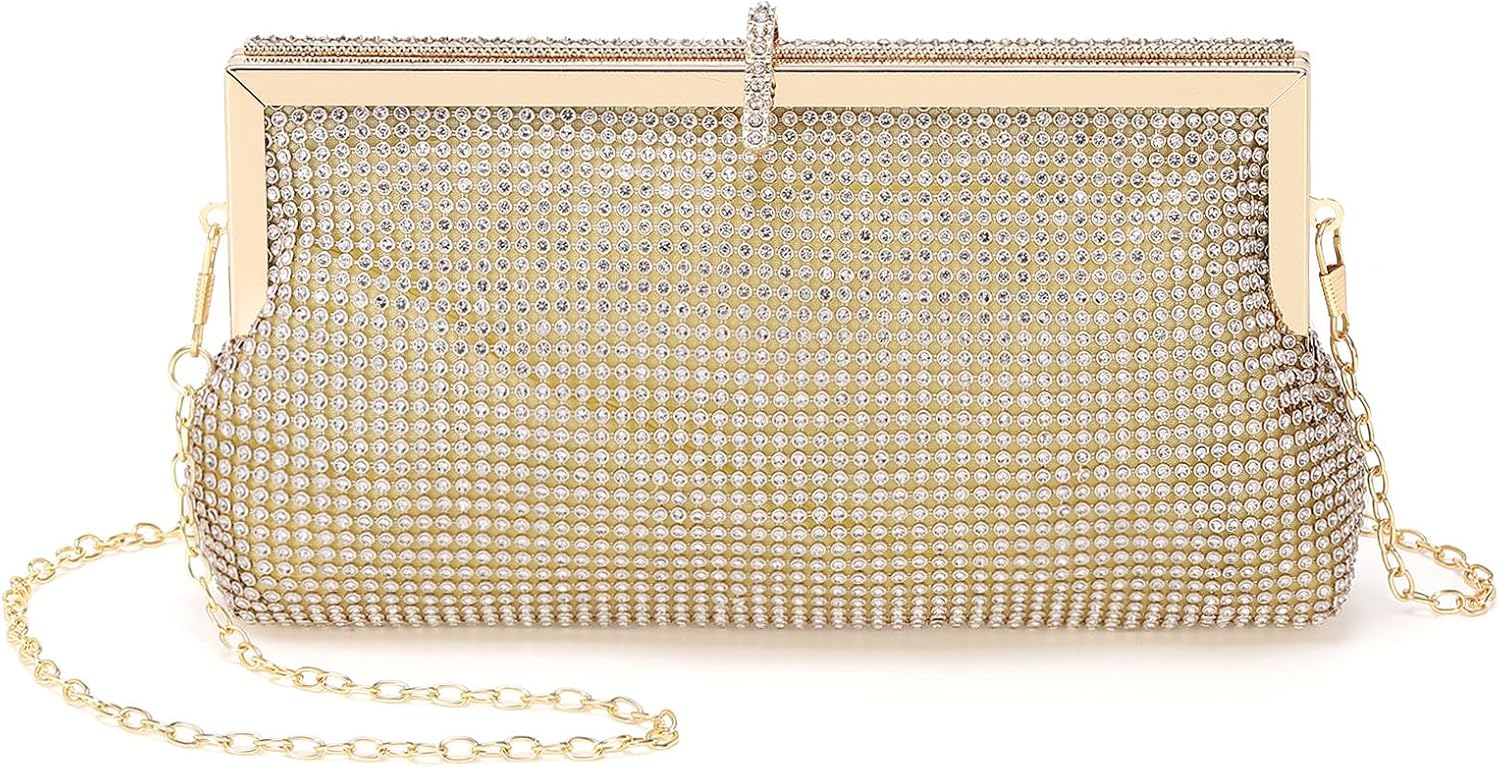 Evening Bags Clutch Purses for Women Formal, Metallic Purses Crystal Rhinestone Crossbody Handbag with Chain Shoulder Bag Sparkly for Wedding Guest Party Gold
