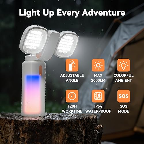 Miniatura 6 de Luz de campamento 4 en 1, luz de trabajo, linterna de video de 2000 lm, recargable de 120 horas, banco de energía de 10000 mAh, 2700K-6500K CCT