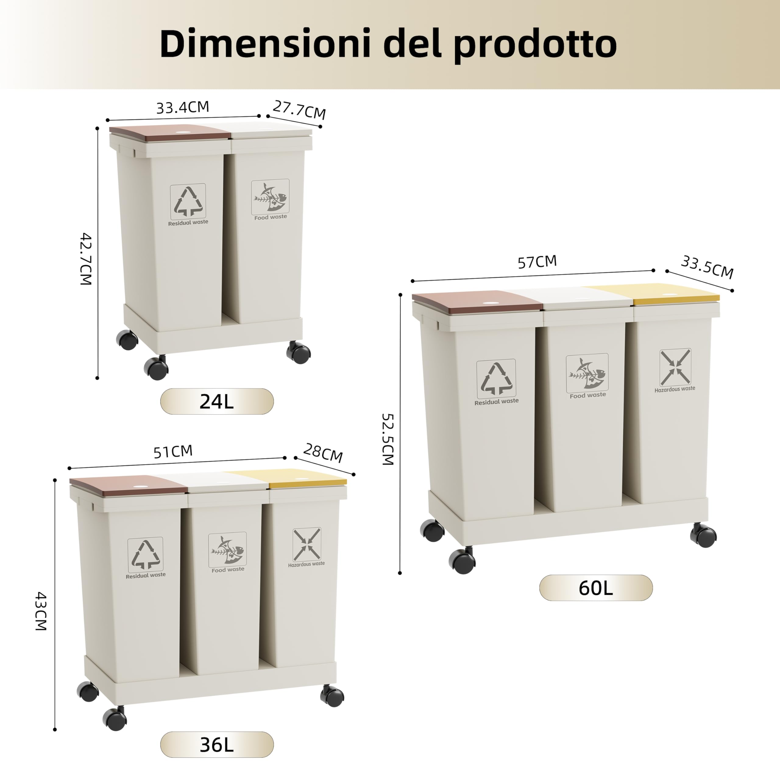 Set 3 Bidoni Differenziati, Pattumiere, 3 contenitori con coperchio, 3 x 20 l, contenitori per il riciclaggio rimovibili con ruote, sistema di raccolta differenziata (60-150)