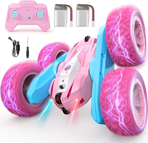 Coche de control remoto, autos RC rosas para niñas, camión RC recargable, 2.4Ghz de doble cara giratoria de 360 con faros, regalo de cumpleaños para