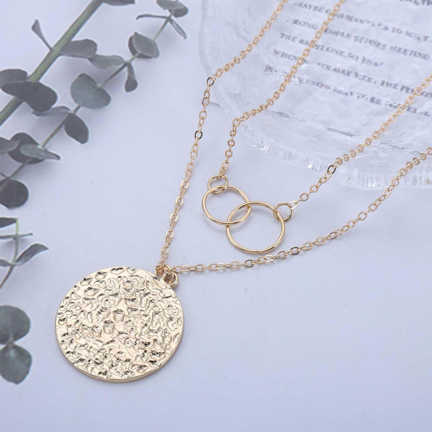 Boho Layered Coin Pendent Necklace Gold Large Disc Necklace Hammered Coin Necklace Coin Medallion Necklace O Ring Collar Necklace Jewelry for Women - Image 4