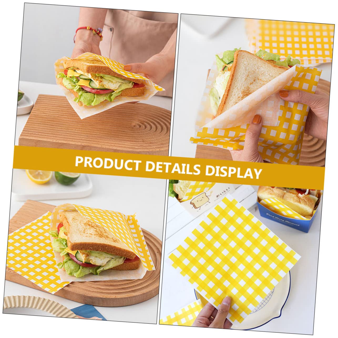 FUNOMOCYA 100pcs Yellow Plaid Sandwich Packaging Paper Oil-proof Wrapping Paper Set for Home Baking Shop Snack Shop Restaurant Cafe