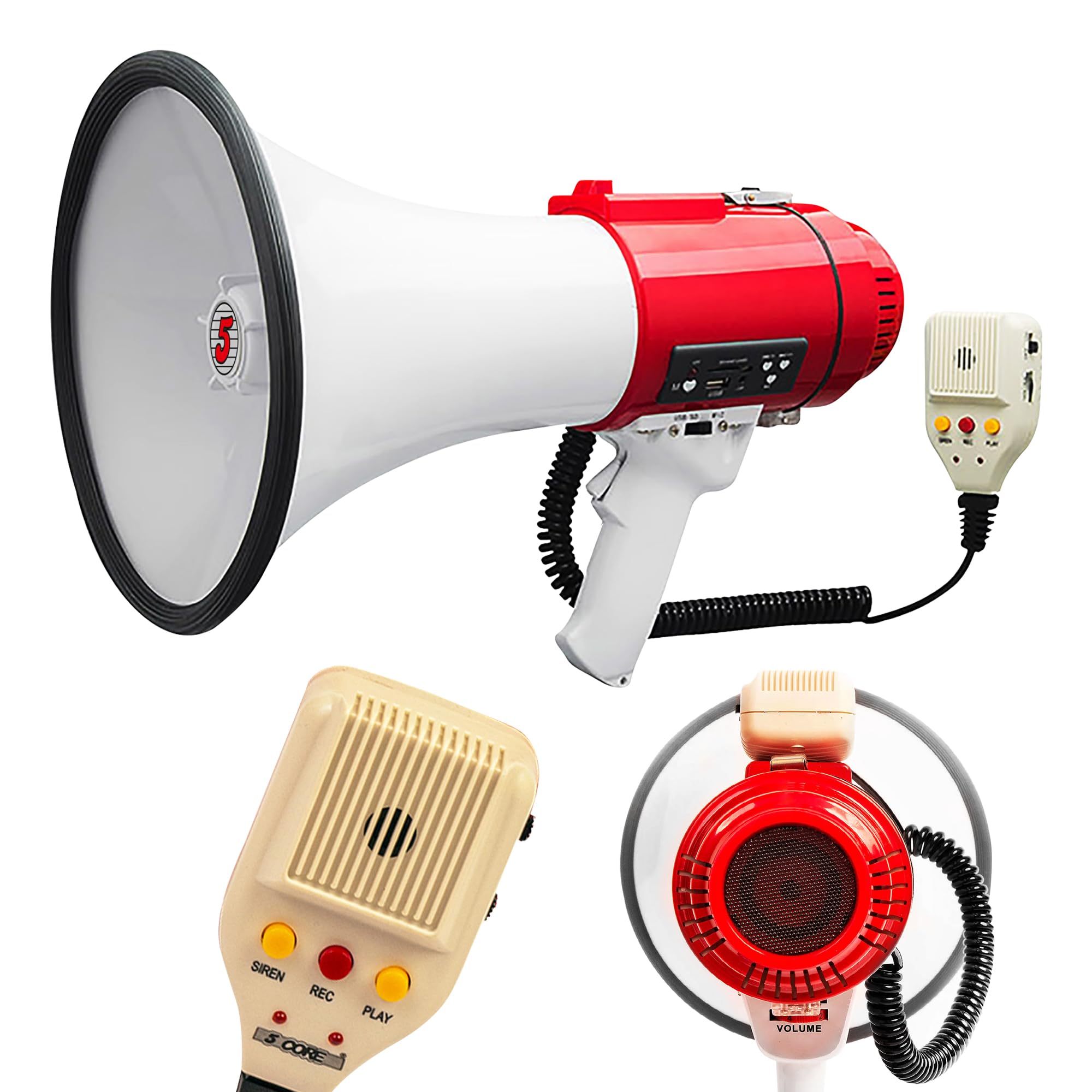 5 CORE Megaphone 60W Bull Horn Professional PA Speaker w 1200 Yards Range Loud Siren Voice Amplifier USB/SD/3.5mm Aux Portable Megafono for Emergency Outdoor Sports and Coaches - 77SF