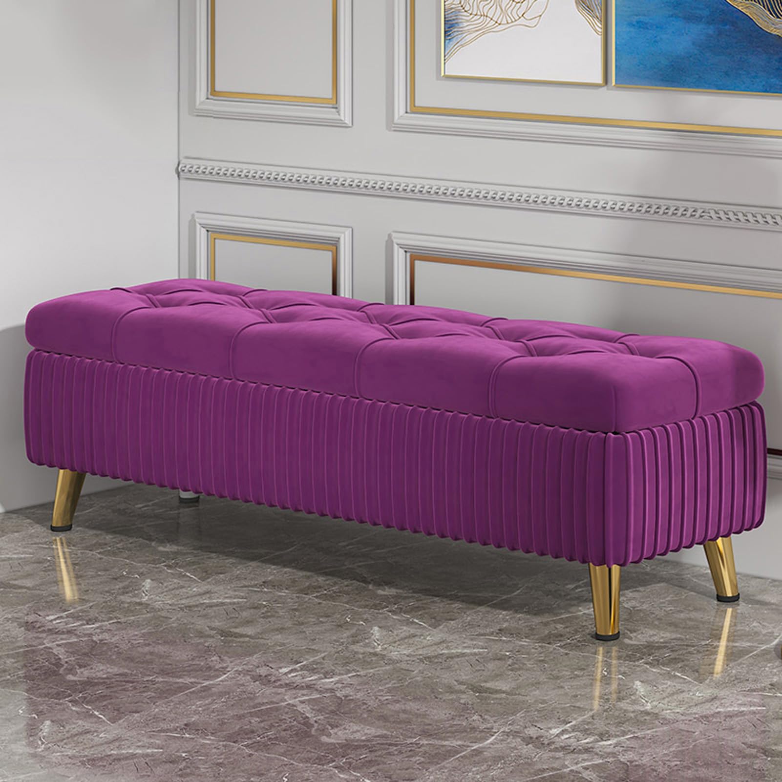 Banc ottoman en velours avec rangement et pieds dorés pour salon et entrée