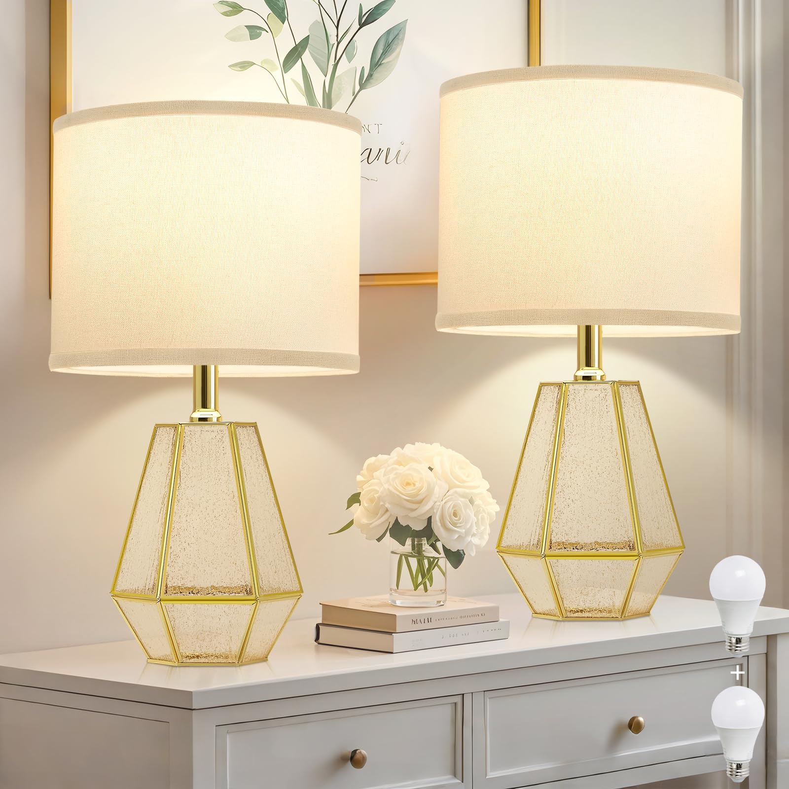 GyroVu Gold Glass Bedroom Lamps Set of 2, 3-Color Temperature Glass End Table Lamps for Nightstand, Gold Hollow Bedside Reading Lamps Modern Table Lamp for Living Room (2 Bulbs Include)