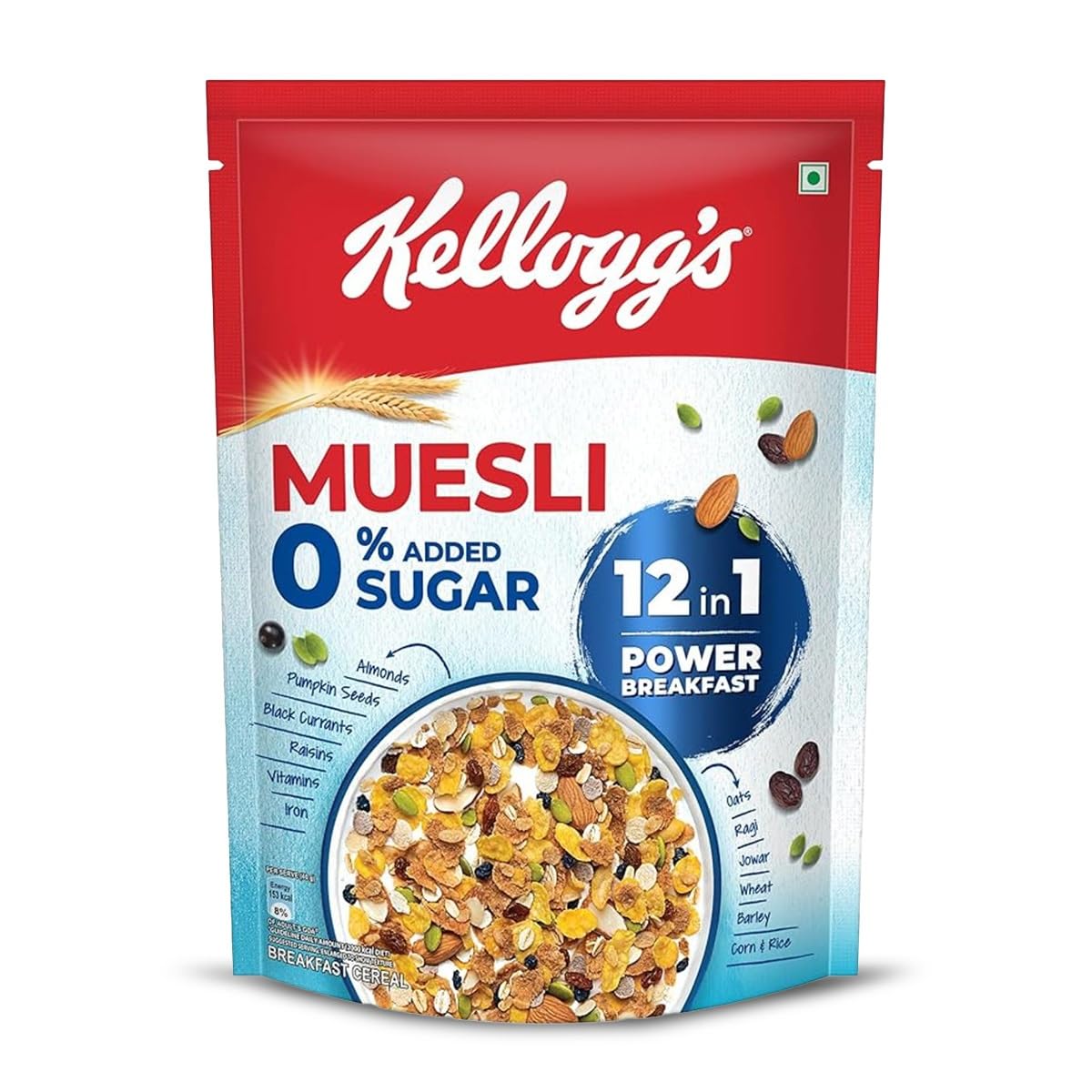 Kellogg's Muesli 0% Added Sugar | Breakfast Cereal | High in Iron| Source of Fibre | Naturally Cholesterol Free | 500g Pack