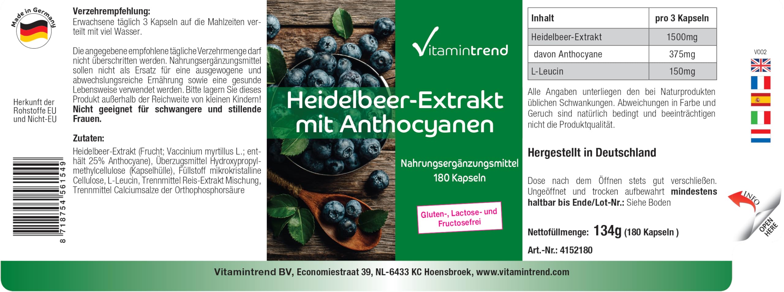 Vitamintrend Extrait de myrtille avec 25% d'anthocyanes, 180 gélules, hautement dosé, complément alimentaire végan sans stéarate de magnésium, fabriqué en Allemagne