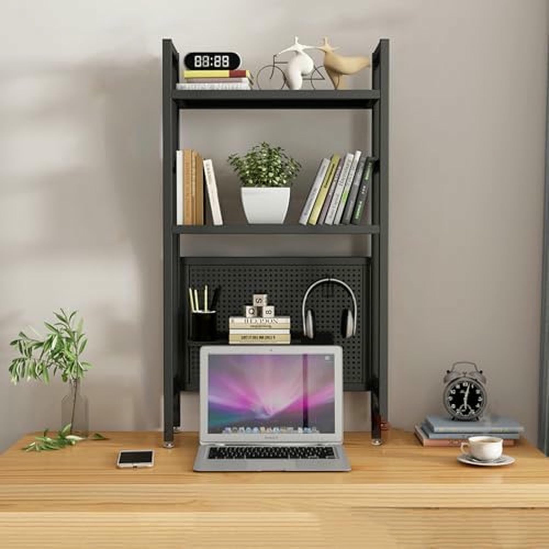 CWCQGH Black Desktop Hutch & Bookshelf - 95cm Student Pegboard Bookcase for Dormitory & Home Office - Computer Desk Storage Rack & Display, Single Layer Organization Solution,Black Double Layer-55cm