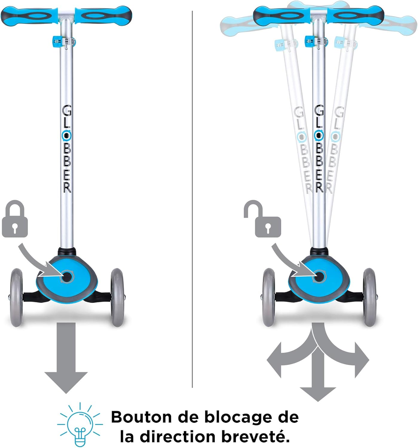Diagram showing the steering lock button on the Globber Primo Foldable Scooter, illustrating locked (straight wheels) and unlocked (pivoting wheels) positions.
