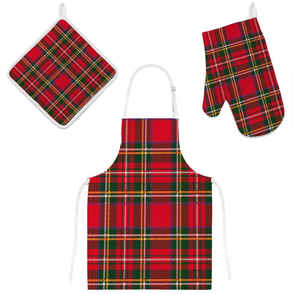 Tablier de cuisine rouge avec gant et manique, cadeau idéal cuisson
