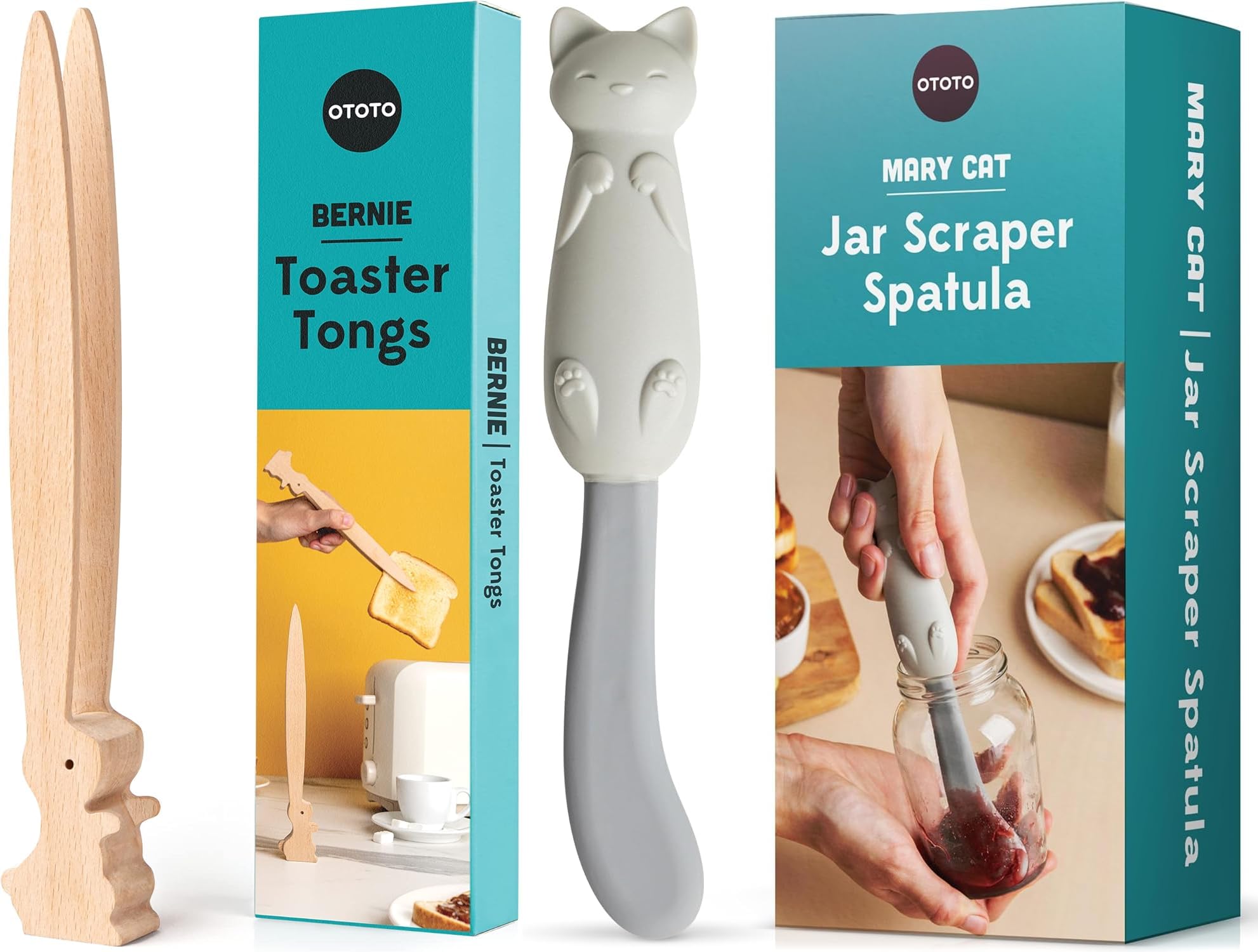 Bundle of 2! - OTOTO Bernie Toaster Tongs + Mary Cat Jar Scaper, Cute Kitchen Gadgets, Cute Gifts