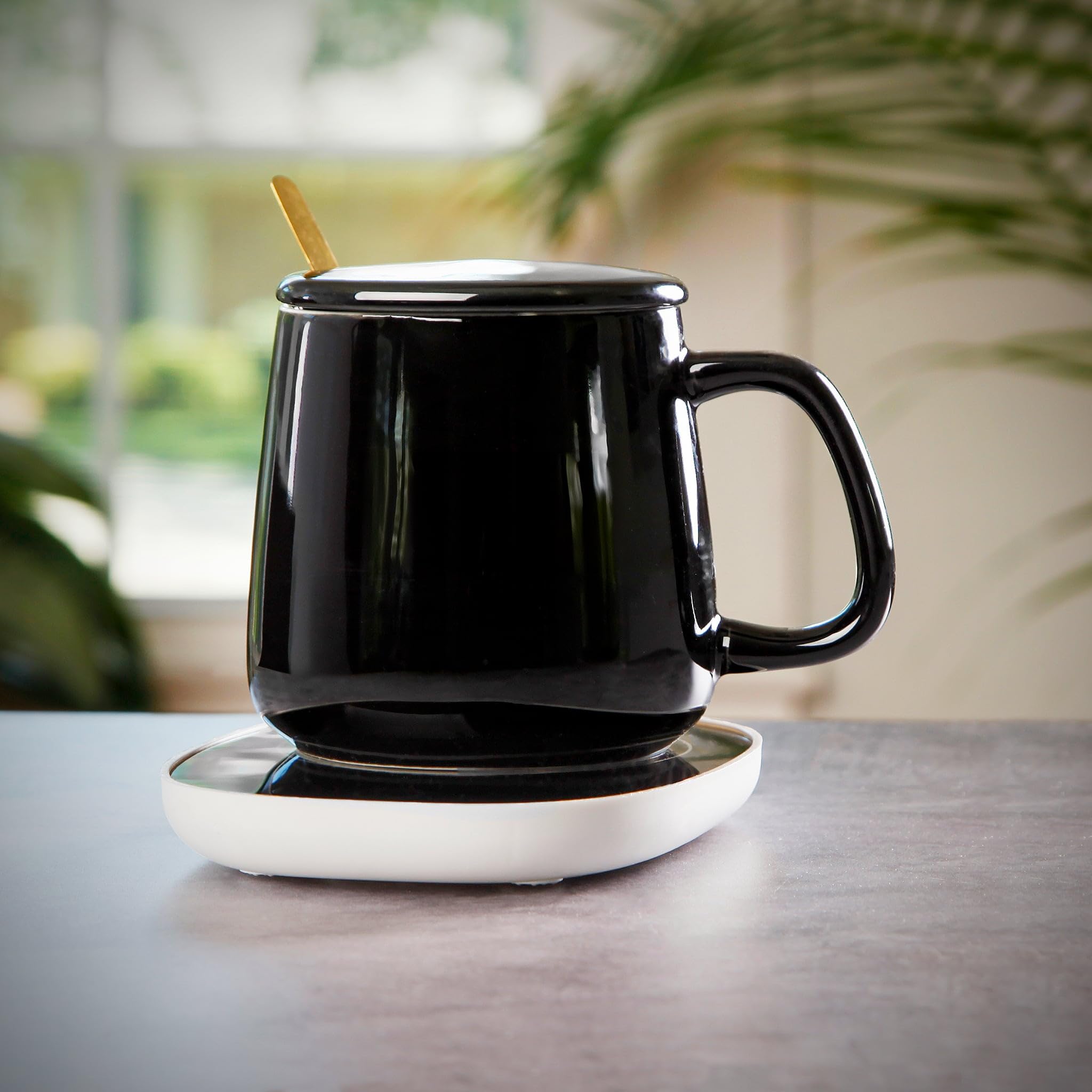 Warm & Cozy Mug Warmer Set - 14 oz Black Ceramic Coffee Cup with Lid, Gold Stir Spoon, Electric Coffee Mug Warmer