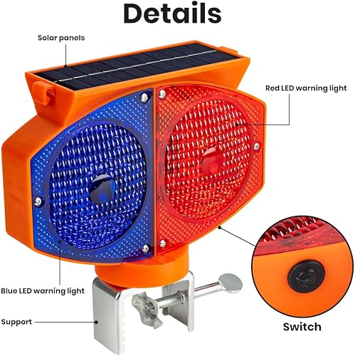 Miniatura 5 de Luz solar estroboscópica de advertencia, 3 modos de funcionamiento, luces de tráfico intermitentes rojas y azules de doble cara, inalámbricas,