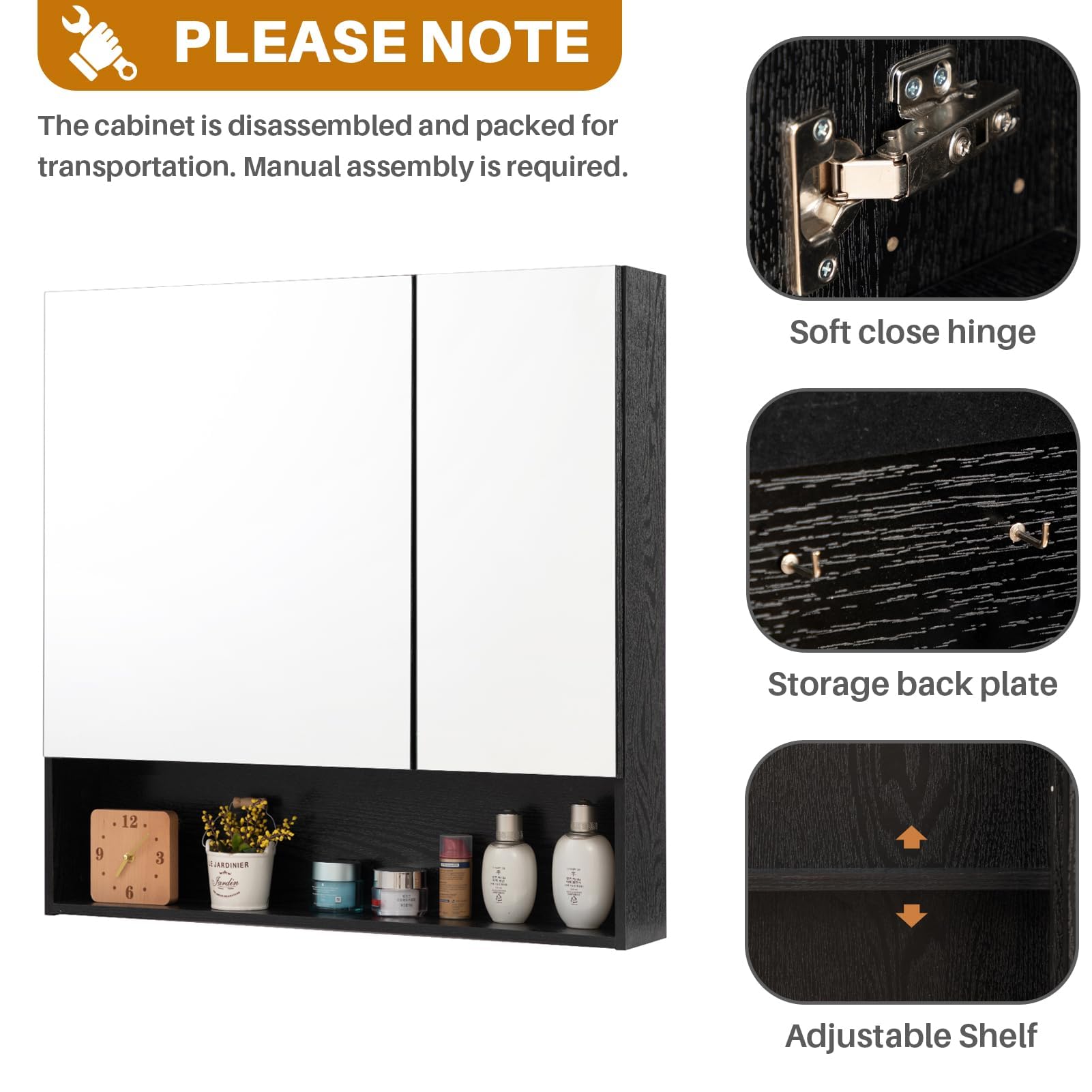 HollyHOME Armario de baño con espejo organizador de joyas, armario de almacenamiento de 2 puertas de espejo montado en la pared con estante ajustable, 62 pulgadas de ancho x 14 pulgadas de profundidad