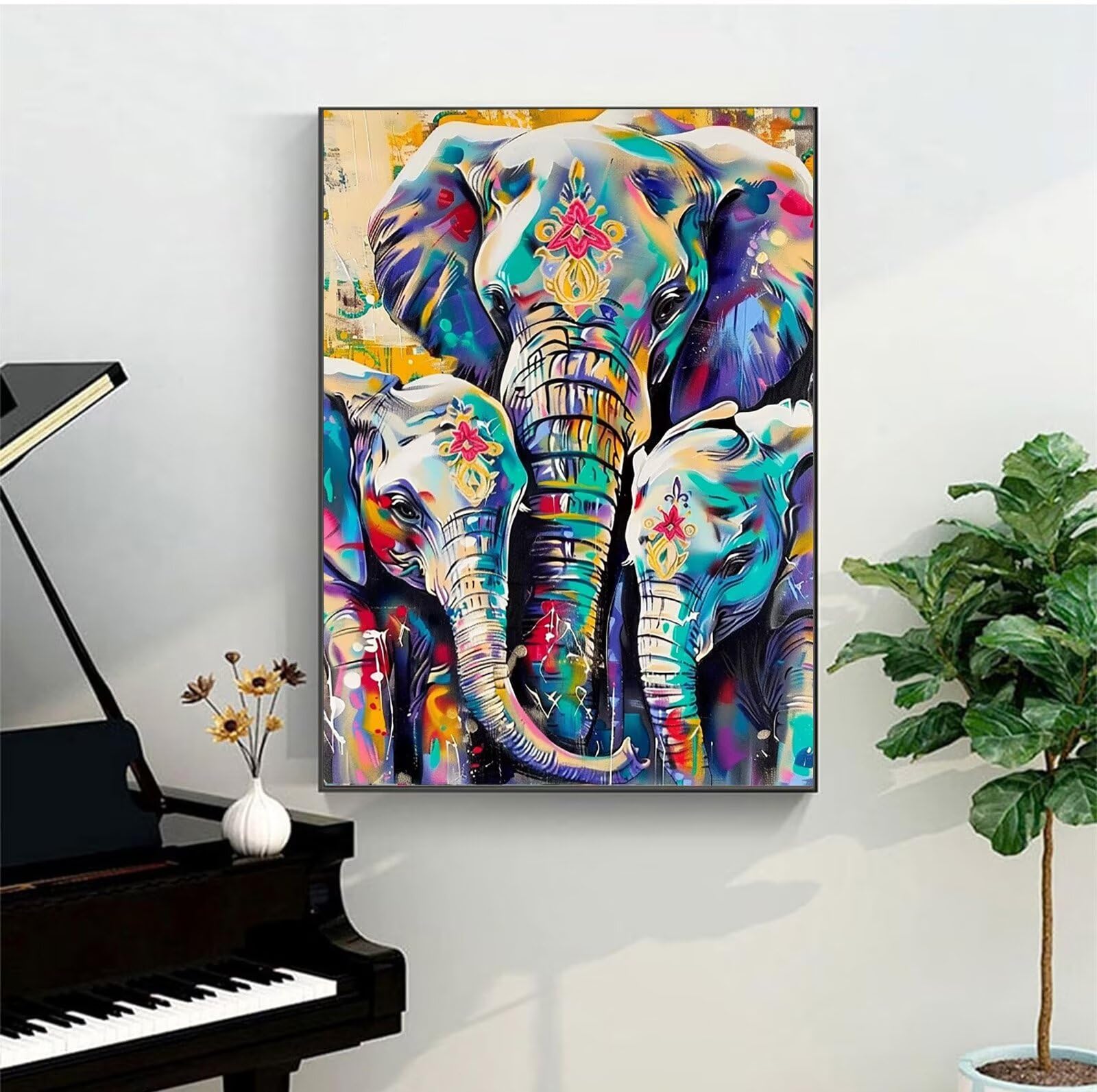 Malen Nach Zahlen Erwachsene Elefanten - AnfäNger - Knitterfreie Leinwand, Pinsels Und Acrylfarbe - Diy Handgemalt öLgemäLde Kit Als Geschenk Familie 60x80cm (mit Rahmen)